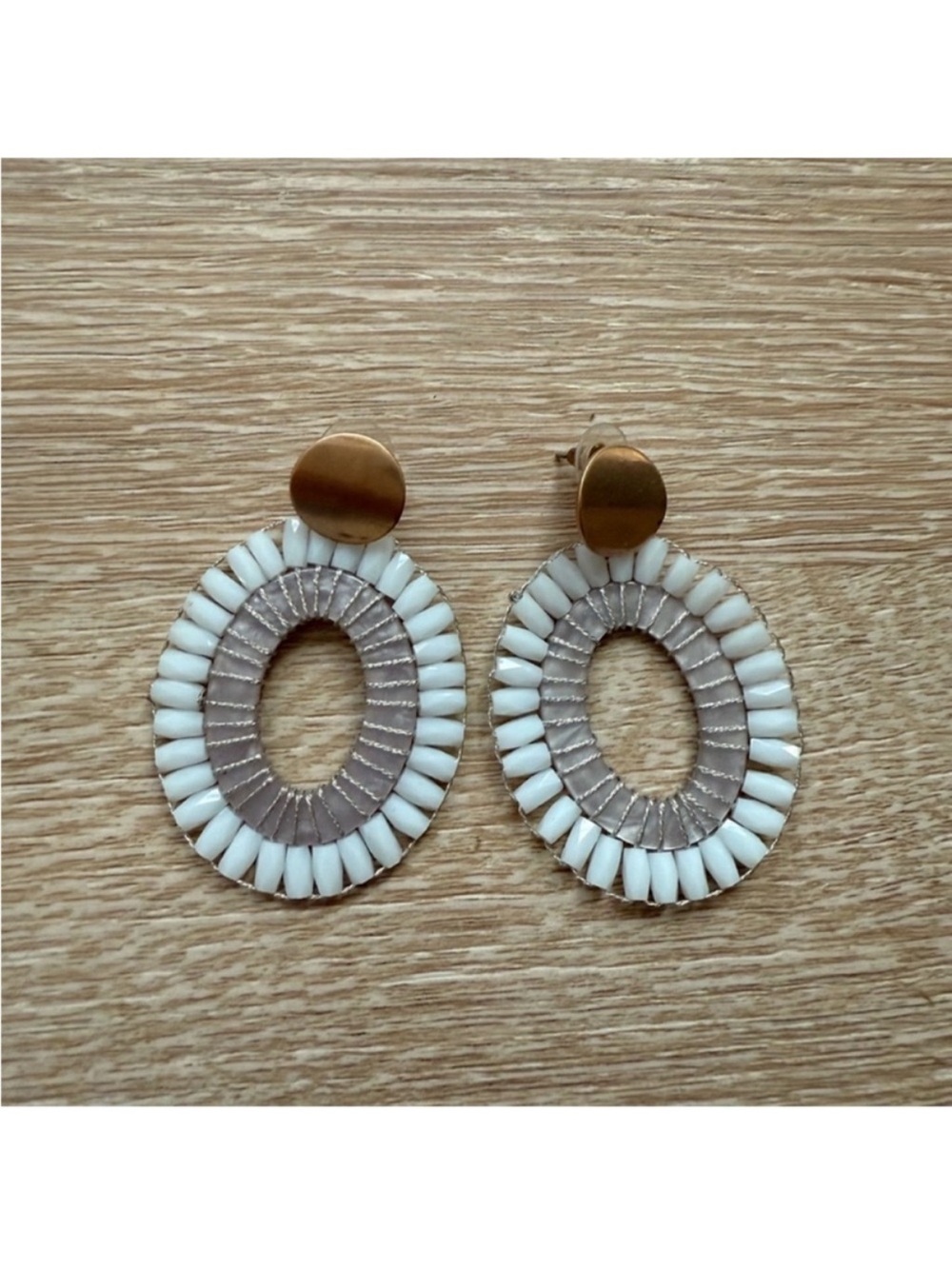 Anthropologie White and Gold Oval Earrings